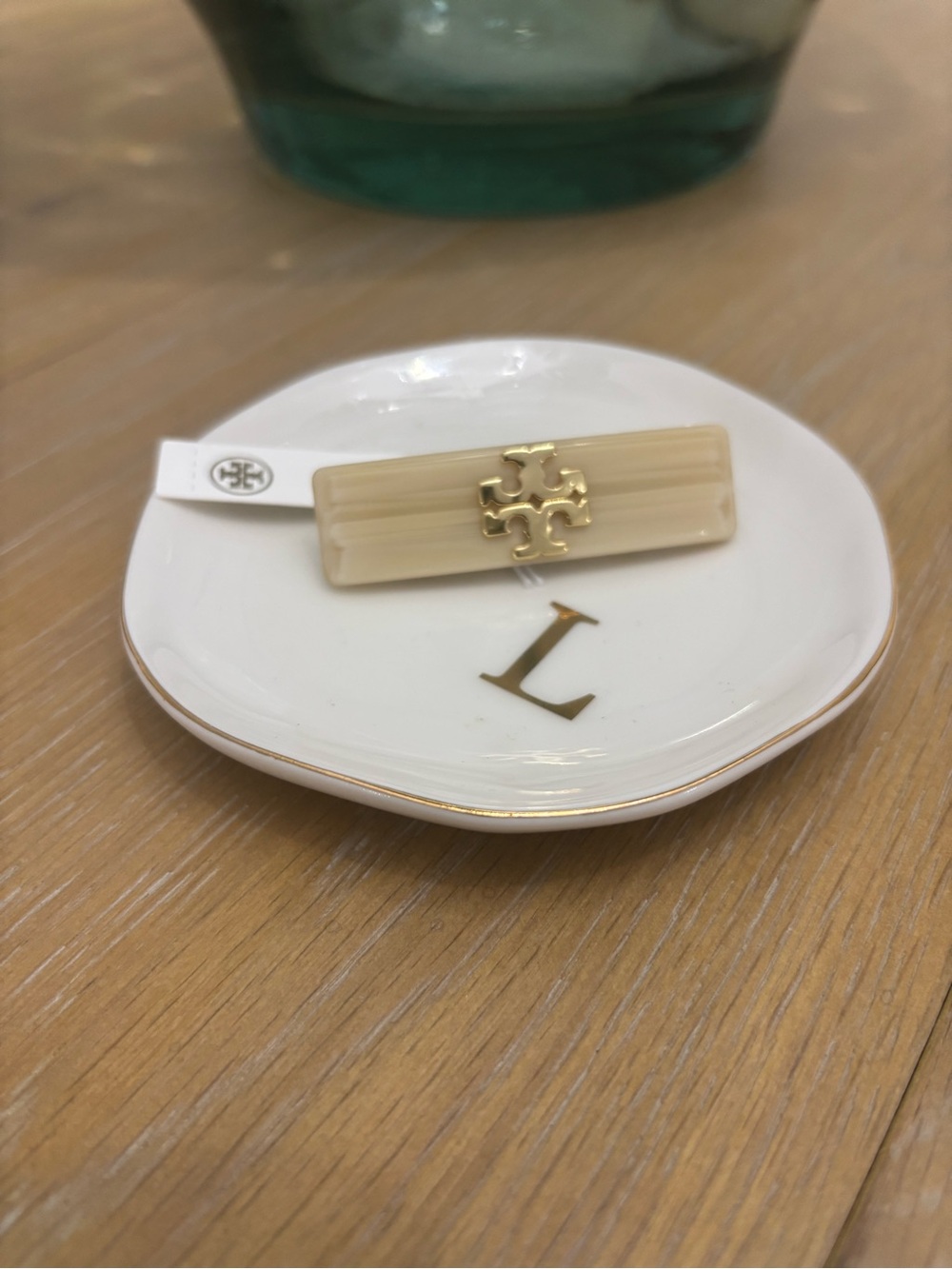 Tory Burch Cream Resin Logo Hair Clip with Gold Emblem